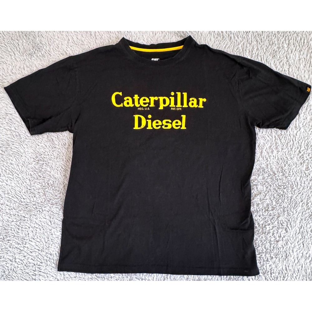 CAT Caterpillar Diesel Graphic T-Shirt Black Yellow Mens XL Cotton Short Sleeve